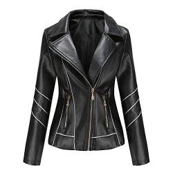 Meufam Damen Lederjacke Kunstleder Übergangsjacke Frühlingsjacke Bikerjacke Motorradjacke mit Reverskragen mit Reißverschluss (Schwarz, 4XL) von Meufam