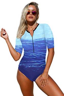 Meufam Damen Retro Elegant 1/2 Lang arm Einteiliger Badeanzug Reißverschluss Schwimmanzug Rashguard Sportlich Bikini Surfanzug Tauchen Triangel Bademode (Dunkelblau, S) von Meufam