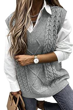 Pullover Damen Ärmelloser Weste Pullunder V-Ausschnitt Pullover Strickweste Strickpullover Sweater Vest Vintage Tank Top (Grau, L) von Meufam