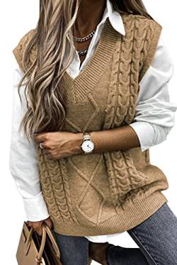 Pullover Damen Ärmelloser Weste Pullunder V-Ausschnitt Pullover Strickweste Strickpullover Sweater Vest Vintage Tank Top (Khaki, M) von Meufam