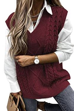 Pullover Damen Ärmelloser Weste Pullunder V-Ausschnitt Pullover Strickweste Strickpullover Sweater Vest Vintage Tank Top (Rot, M) von Meufam