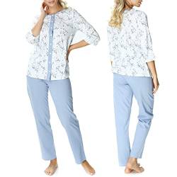 Mewa Damen Schlafanzug Helena, Blau mit Blumen, Baumwolle, zweiteilig, Damenpyjama mit Knöpfen, Pyjama Set Nachtwäsche 38 Blau von Mewa