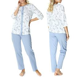 Mewa Damen Schlafanzug Helena, Blau mit Blumen, Baumwolle, zweiteilig, Damenpyjama mit Knöpfen, Pyjama Set Nachtwäsche 44 Blau von Mewa