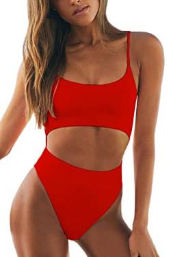 Meyeeka Damen-Badeanzug mit U-Ausschnitt, Ausschnitt vorne, Schnürung, hoch geschnitten, Monokini, Einteiler - Rot - X-Large von Meyeeka