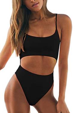 Meyeeka Damen-Badeanzug mit U-Ausschnitt, Ausschnitt vorne, Schnürung, hoch geschnitten, Monokini, Einteiler - Schwarz - Small von Meyeeka