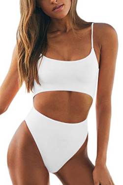 Meyeeka Damen-Badeanzug mit U-Ausschnitt, Ausschnitt vorne, Schnürung, hoch geschnitten, Monokini, Einteiler - Weiß - Small von Meyeeka