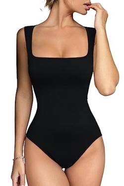 Meyeeka Damen Nahtloser Bodysuit Quadratischer Ausschnitt Ärmellos Tapered Schultergurte Tank Tops Sommer, Schwarz, S von Meyeeka