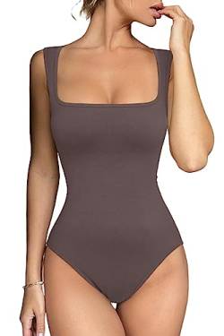 Meyeeka Damen Sexy Nahtlose Bodysuit Quadratischer Ausschnitt Ärmellos Tapered Schultergurte Tank Tops Sommer, GRAU, M von Meyeeka