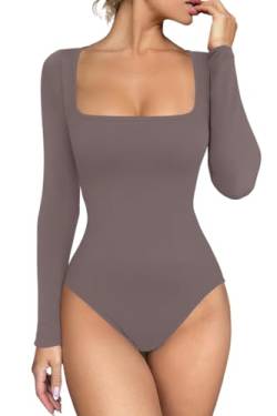 Meyeeka Damen Sexy Square Neck Bodysuit Langarm Nahtloses Shirt Bauchkontrolle Tops, GRAU, S von Meyeeka