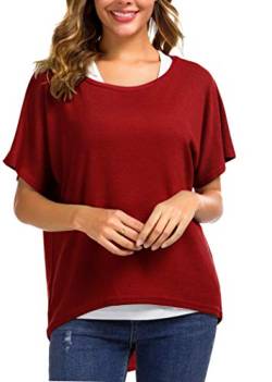 Meyison Damen Lose Asymmetrisch Sweatshirt Pullover Bluse Oberteile Oversized Tops T-Shirt Wein Rot-L von Meyison