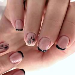 Mezrkuwr® 24 Stück schwarze Nägel mit französischer Spitze zum Aufdrücken, kurze künstliche Nägel, schwarze Nägel mit Blumendesign, quadratische künstliche Nägel von Mezrkuwr