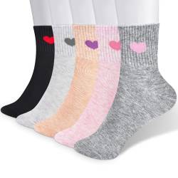 Mezrkuwr® 5 Paar Damen-Crew-Socken, Herzmuster knöchelhoch, einfarbig, Baumwolle, lustige, niedliche sportliche Laufsocken, Geschenke für Frauen Mehrfarbig von Mezrkuwr