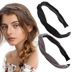 Mezrkuwr 2 Stück Stirnbänder für Damen und Mädchen geflochtenes gestricktes Haarband Retro modisches rutschfestes Stirnband einfarbig Haarschmuck Retro (schwarz/grau) von Mezrkuwr