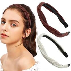 Mezrkuwr 2 Stück Stirnbänder für Damen und Mädchen geflochtenes gestricktes Haarband Retro modisches rutschfestes Stirnband einfarbig Haarschmuck Retro (weiß/braun) von Mezrkuwr