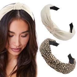 Mezrkuwr 2 Stück geknotete Stirnbänder für Damen, rutschfest, modische Damen-Stirnbänder für Haare, Leoparden-Kopfband, breiter Knoten-Haarreifen für Mädchen von Mezrkuwr