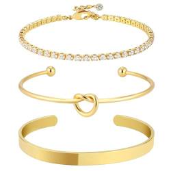 Mezrkuwr 3 Stück Gold-Armreif-Manschettenarmband für Damen, 14K vergoldetes Zirkonia-Tennis-Armband, nicht anlaufend, verstellbares Schmuckset für Damen von Mezrkuwr