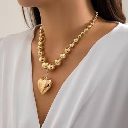 Mezrkuwr Gold Klobige geschwollene Herz-Halskette – großer Herz-Anhänger, verstellbare runde Perlenkette, Herz-Halsketten für Frauen, Teenager, Mädchen von Mezrkuwr