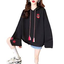 Mfacl Süße Hoodies Sweatshirt Frauen Kleidung Kawaii Hoodie Japanische Niedliche Fuchs Gestickte Kapuze Stickerei Plus Pullover (Color : Black, Size : M) von Mfacl