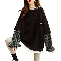 Mfacl Süße Hoodies Sweatshirt Womens Kleidung Große Größe Frauen Lose Koreanische Version Gefälschte Zweiteilige Pullover Frauen Top (Color : Black, Size : XL) von Mfacl