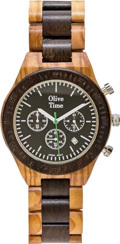 MiTA - Crono Sport Armbanduhr Quarz aus feinstem Olivenholz Made in Italy. Gehäuse mit schwarzem Zifferblatt, Durchmesser 45 mm, Stärke 12 mm, Maschenweite 23 mm, schwarz von MiTA