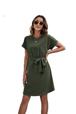 Sommerkleid Damen Kurzarm Blusenkleid Einfarbig Freizeitkleid Knielang A-Linien Kleid Midikleid(Grün,L) von MiaShark