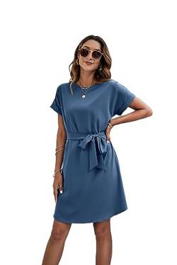 Sommerkleid Damen Kurzarm Blusenkleid Einfarbig Freizeitkleid Knielang A-Linien Kleid Midikleid(Marine,L) von MiaShark