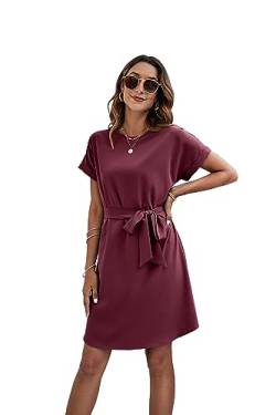 Sommerkleid Damen Kurzarm Blusenkleid Einfarbig Freizeitkleid Knielang A-Linien Kleid Midikleid(Wein,L) von MiaShark