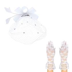 Kurze Federn für Cocktailhandschuhe Bowknot Stirnband Party Tee Mesh Lace Hat Haarspange Haarspangen Quaste von MianYaLi