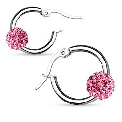 Mianova Damen Creolen Edelstahl mit Zirkonia Shamballa Strass Steinen Perle Anhänger Ohrringe Huggie Kreolen Rund Schmal Silber Pink von Mianova