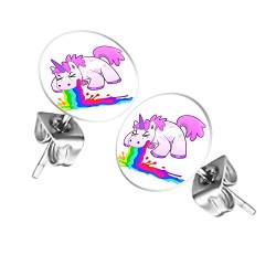 Mianova Ohrringe Stecker Rund Klein Ohrstecker Runde Platte Silber mit Motiv kotzendes Einhorn Rainbow von Mianova