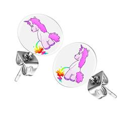 Mianova Ohrringe Stecker Rund Klein Ohrstecker Runde Platte Silber mit Motiv pinkes Einhorn Rainbow Unicorn von Mianova