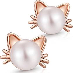 Katzen Ohrringe Damen Katzen Ohrstecker Roségold Silber Katzen Ohrringe Sterling Silber Perle Katzen Ohrringe 8mm Katzen Perle Ohrringe für Damen Mädchen Kätzchen Katzen Ohrringe Silber von Miaofu