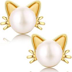 Katzen Ohrringe Gold Katze Ohrstecke Cat Earrings Ohrringe Perlen Katze Silber,Ohrringe Katze Silber,Süßwasser Katzen Perlen Ohrringe Gold Katze Silber Ohrringe,Ohrringe Damen Katze,Katzen Ohrstecker von Miaofu