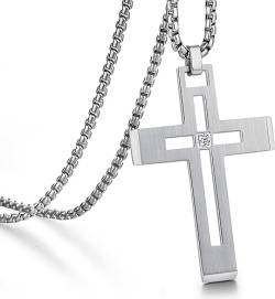 Miaofu Kreuz Halskette für Herren Damen Schmuck Kreuz Anhänger mit 22'' Kette Silber von Miaofu
