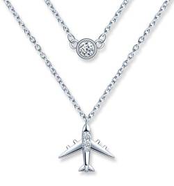 MicLee Damen 925 Sterling Silber Zirkonia Halskette Fashion Flugzeug Anhänger Doppelkette Kette mit Geschenkbeutel Super Geschenk für Paar Pärchen Mutter Tochter von MicLee