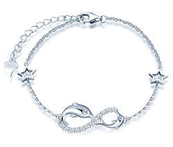 MicLee Damen Einfach Armband Zirkonia 925 Sterling Silber Allergenfrei Delphin Unendlichkeit Zeichen Zwei Sternen Armreif Armkette mit Geschenkbeutel Super Geschenk für Mutter Freundin von MicLee