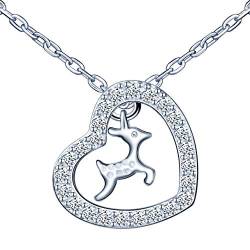 MicLee Damen Frauen Einfach Halskette Kette 925 Sterling Silber Leer Herz mit Süßes Kleines Reh Anhänger Zirkonia Halskette Geschenkbeutel Super Geschenk für Mutter Freundin von MicLee