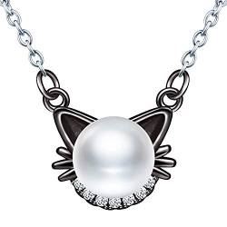 MicLee Damen Halskette 925 Sterling Silber Zirkonia Süße Katze Perlen Anhänger Kette Süßwasser-Zuchtperlen mit Katzenohren Geschenkbeutel Super Geschenk von MicLee