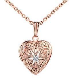 MicLee Damen Halskette Edelstahl Foto Medaillon Photo Bilder Amulett Weiß Zirkonia Silber/Rosegold/Gold Anhänger Herzkette mit Geschenkbox Grußkarte Super Geschenk für Mutter Tochter von MicLee