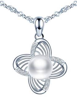 MicLee Damen Halskette Kette 925 Sterling Silber Vier Blütenblättern Blume mit Perlen Anhänger Halskette Geschenkbeutel Super Geschenk für Mutter Freundin von MicLee