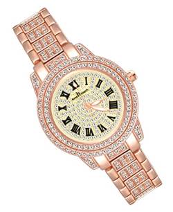 MicLee Damenuhr Leuchtzeiger Analoge Rosegold Armbanduhr rundes Zifferblatt Edle Quarzuhr mit vollem Diamanten aus römischem Zifferblatt von MicLee