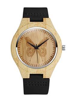 MicLee Herren Damen Unisex Bambus Schmetterling Muster Holzuhr Analog Quarzwerk Armbanduhr mit Lederband Für Frauen Männer Geschenke von MicLee