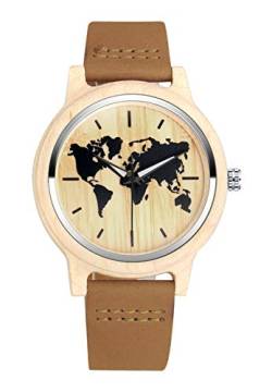 MicLee Herren Damen Unisex Bambus Weltkugel Weltkarte Holzuhr Analog Quarzwerk Armbanduhr mit Lederband Für Frauen Männer Geschenke von MicLee
