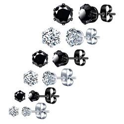 6 Paare Edelstahl Ohrstecker Ohrringe Zirkonia Ohrschmuck Ohrclips Creolen für Damen und Herren 3-8mm in Farbe schwarz und weiß von MicVivien