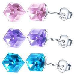 MicVivien 3 Paar Würfel form Kristal Ohrringe Damen Sterling Silber 925 Ohrstecker Hypoallergen für Frauen Mädchen Schmuck, Lila/Rosa/Blau Kristall ein Set von MicVivien