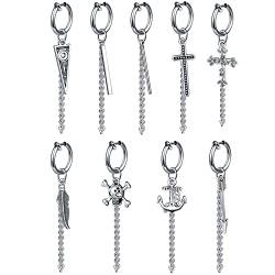 MicVivien 8-17 Stück Punk Kpop Ohrringe Damen Herren Edelstahl Piercing/Nicht Durchbohrte Clip Creolen Mit Anhänger Lange Kette Hängend Ohrringe Set für Männer Frauen Modeschmuck von MicVivien