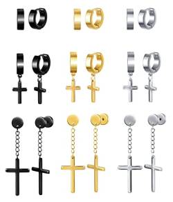 MicVivien 9 Paar Edelstahl Kreuz Ohrringe Herren Damen Creolen Männer Ohrstecker Ohrlöcher Stecker Ohrschmuck Schwarz Silber Gold Ohr Piercing Set von MicVivien