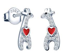 MicVivien Giraffe Ohrstecker 925 Sterling Silber mit Kleines rotes Herz, Mädchen Ohrringe Kinder Giraffe Silber Ohrschmuck Geschenk für Damen Frauen von MicVivien