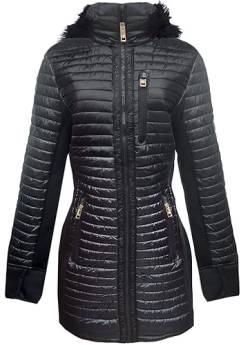 Michael Michael Kors Damen Schwarz Gesteppte Mixed Media 3/4 Mantel Jacke mit Kunstfell, Schwarz, L von Michael Michael Kors