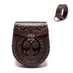 Micoklinlin Wikinger Gürteltasche Geprägte Vintage Renaissance Hüfttaschen Leder Münzgeldbeutel Mittelalterliche Vintage Kunstleder Gürtel und Seitentasche Set für LARP von Micoklinlin